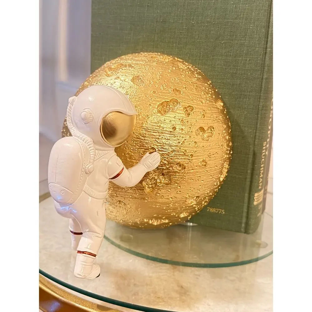 Astronaut Moon Bookends Gold Resin Space Decor Modern Cosmic Shelf Decor